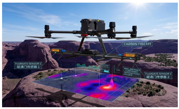 UAV carrying two Smagall fluxgate sensors over a magnetic survey grid